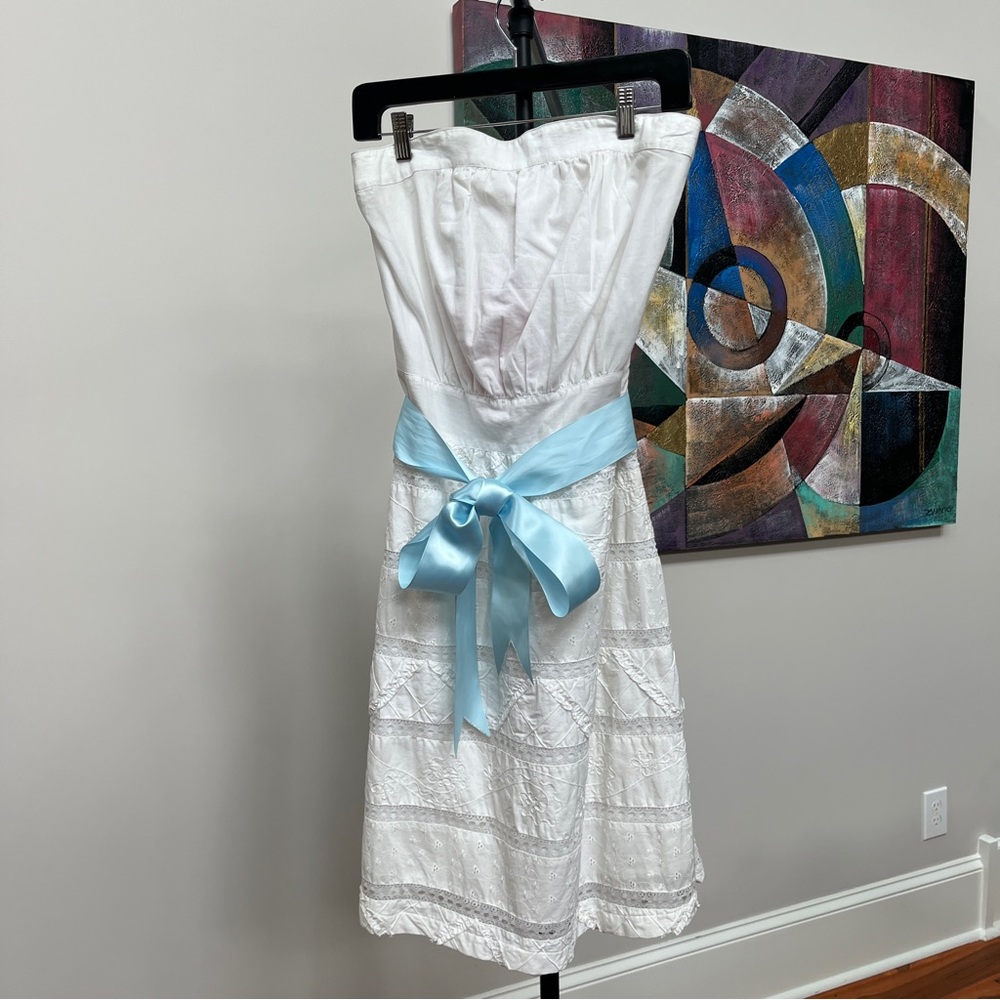 NWT LulaKate Boutique - White Strapless Dress with Tiffany Blue Ribbon